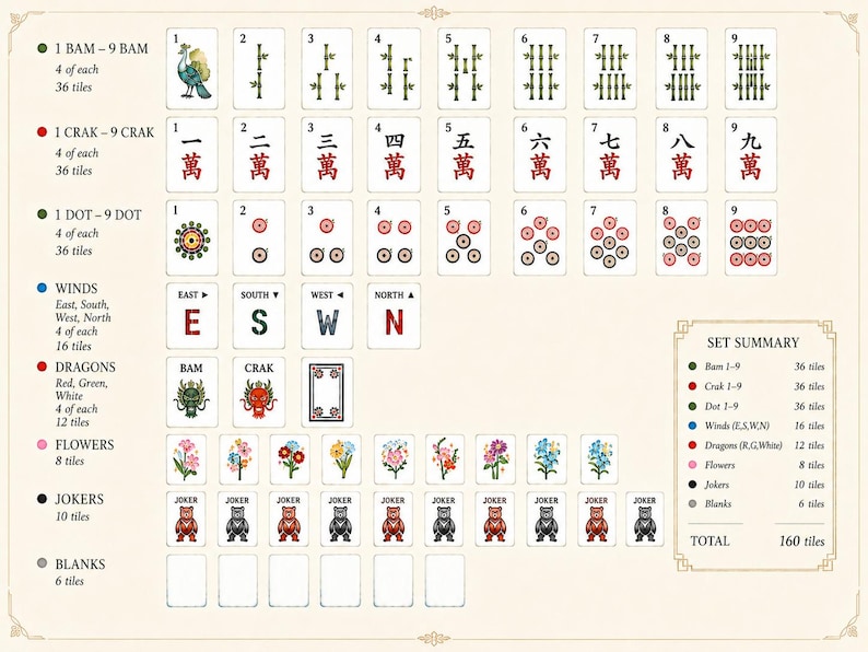 May include: A Mahjong tile reference chart displaying 160 tiles categorized by Bam, Crak, Dot, Winds, Dragons, Flowers, Jokers, and Blanks. The grid shows numerical sequences, directional letters, floral illustrations, and bear-themed Joker tiles.