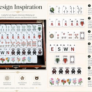 May include: An American Mahjong set in a wooden case featuring white tiles with various designs including Bams, Craks, Dots, Winds, Dragons, Jokers with bear illustrations, and floral patterns. The set includes instructional text and icons.
