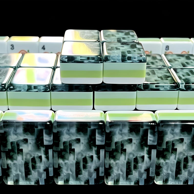 May include: A collection of rectangular mahjong tiles arranged in rows. The tiles feature a marbled black and white pattern on the top surface, with a distinct horizontal band of light green sandwiched between white layers on the sides of the tiles.