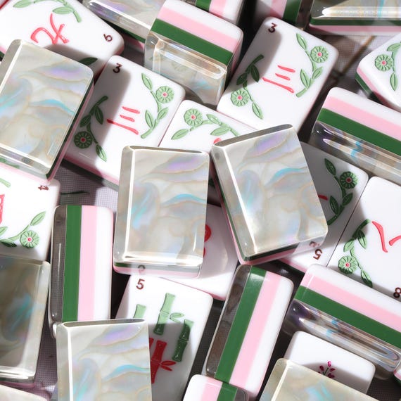 Pearl White American Mahjong Set, Opal Shell Acrylic Tiles, Pink Green Layered 160 Tile Game, Gift for Mahjong Players and Collectors