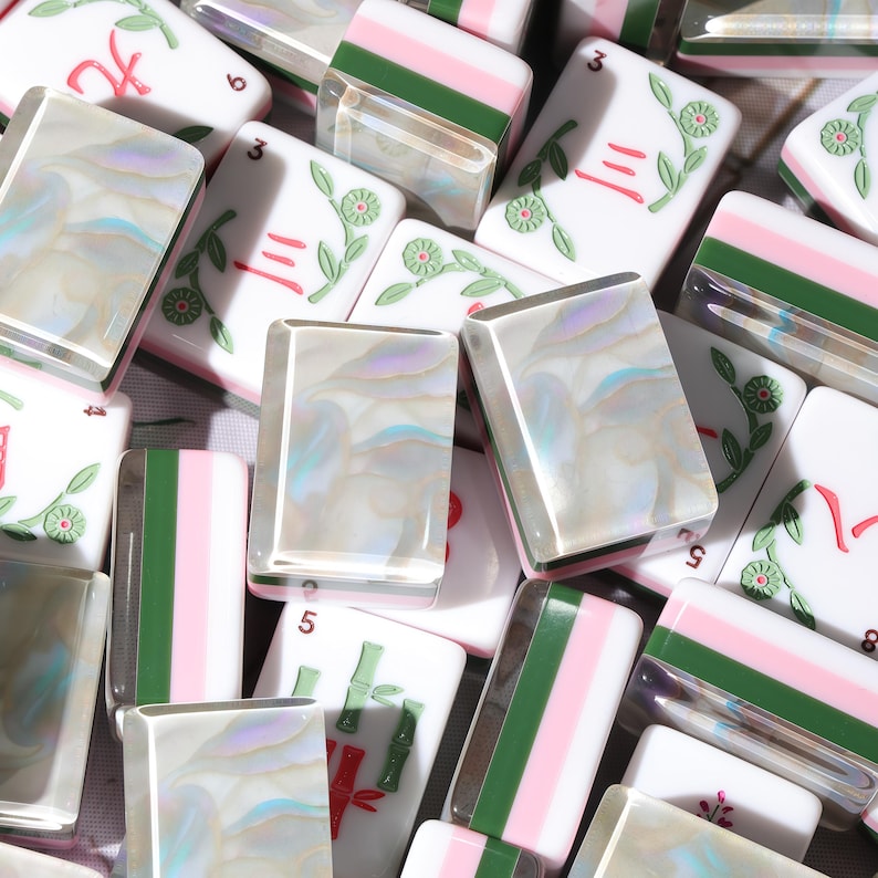 Pearl White American Mahjong Set, Opal Shell Acrylic Tiles, Pink Green Layered 160 Tile Game, Gift for Mahjong Players and Collectors image 1