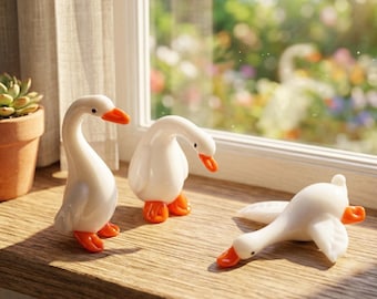 Lampwork Glass Goose Figurine Set - Miniature White Goose, Vintage Desk Decor, Gift