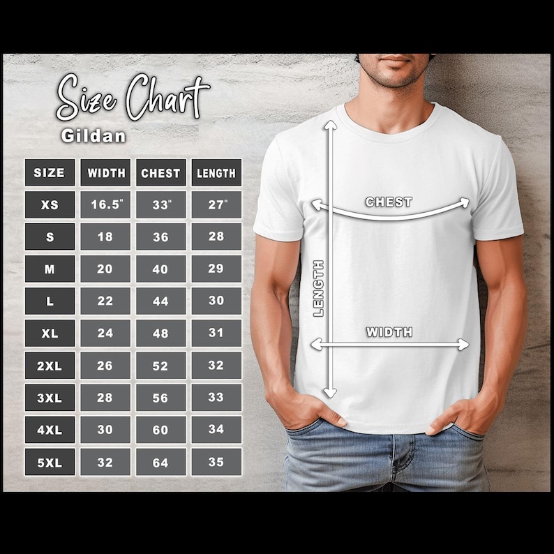 May include: A white t-shirt with a size chart, showing measurements for chest, length, and width. The chart includes sizes XS to 5XL, with the XS size having a width of 16.5 inches, a chest of 33 inches, and a length of 27 inches.