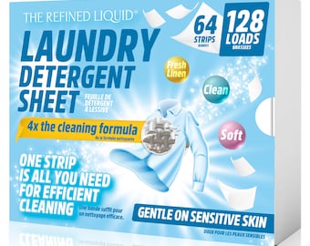 The Refined Liquid - Detergente en hojas para ropa - 32 hojas/64 tiras - 128 cargas - Tiras ecológicas