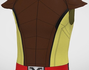 May include: A brown and yellow sleeveless costume with a red belt and a silver X buckle. The costume has a high neck and a textured design.