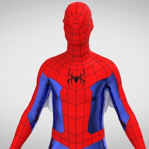 Op de afbeelding: Een rood en blauw spandex kostuum met een zwart spinnenlogo op de borst. Het kostuum heeft een webpatroon over de hele oppervlakte.
