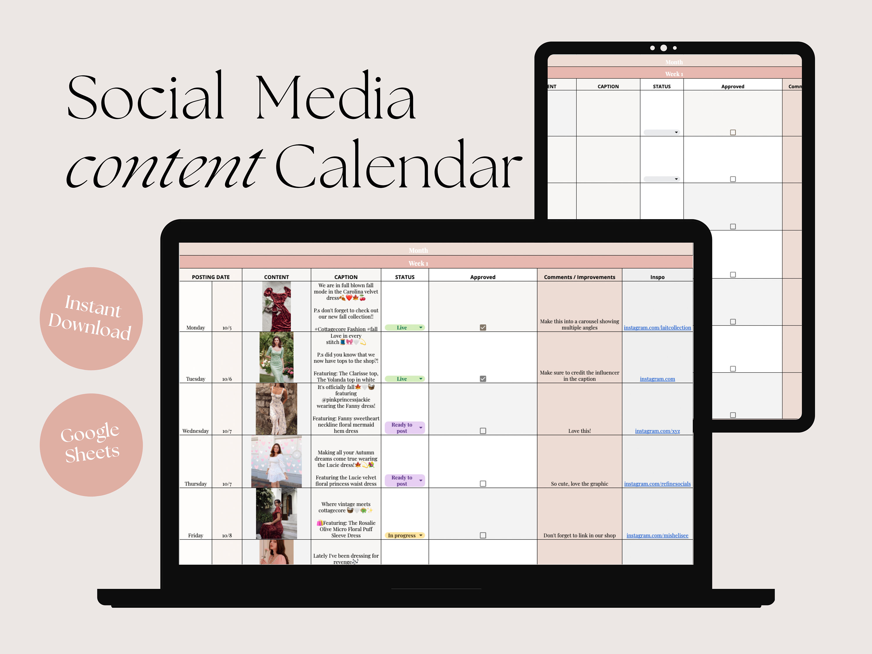 Aesthetic Social Media Manager Content Calendar | Google Sheets Monthly Content Calendar Template | Instagram Calendar | Simple Calendar