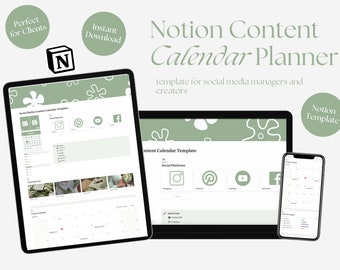 Sage Content Calendar Social Media Planner Organization Template for Notion | Social Media Manager Content Calendar, Notion Template