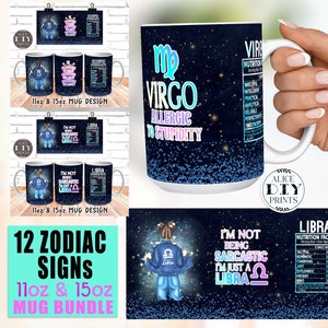 Zestaw 12 znaków zodiaku Fakty żywieniowe Niebiański brokatowy kubek Szablon sublimacji - 11Oz Kubek i 15Oz - PNG Wrap Pobierz