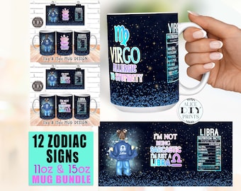 Bundle 12 Zodiac Signs Nutrition Facts Celestial Glitter Mug Sublimation Template - 11Oz Mug & 15Oz - PNG Wrap Download