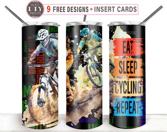 CYCLING Repeat Life 20oz Sport Game Men Women Skinny Tumbler Wrap PNG Sublimation Designs, Eat Sleep Repeat Mountain Bike (9 FREE Designs)
