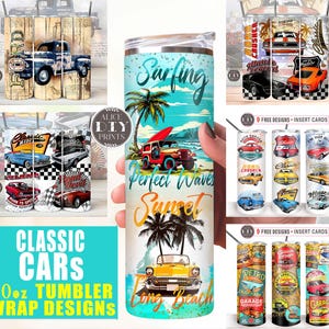 Pacote de carros clássicos 20oz Skinny Tumbler Wrap Carro antigo Retro Férias na estrada Mecânico automotivo PNG Sublimação Carro dirigindo (9 designs GRÁTIS)