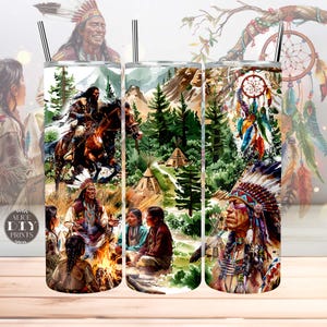Indigenous Native American Tribe Indian Life 20oz Skinny Tumbler Wrap, Tribal Western PNG Sublimation Designs Download (Plus 9 FREE Designs)