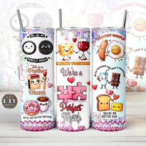 Funny Groovy Love Perfect Match Cute Couple Food and Drinks 20oz Skinny Tumbler Wrap Cartoon Quotes PNG Sublimation Designs (9 FREE Designs)