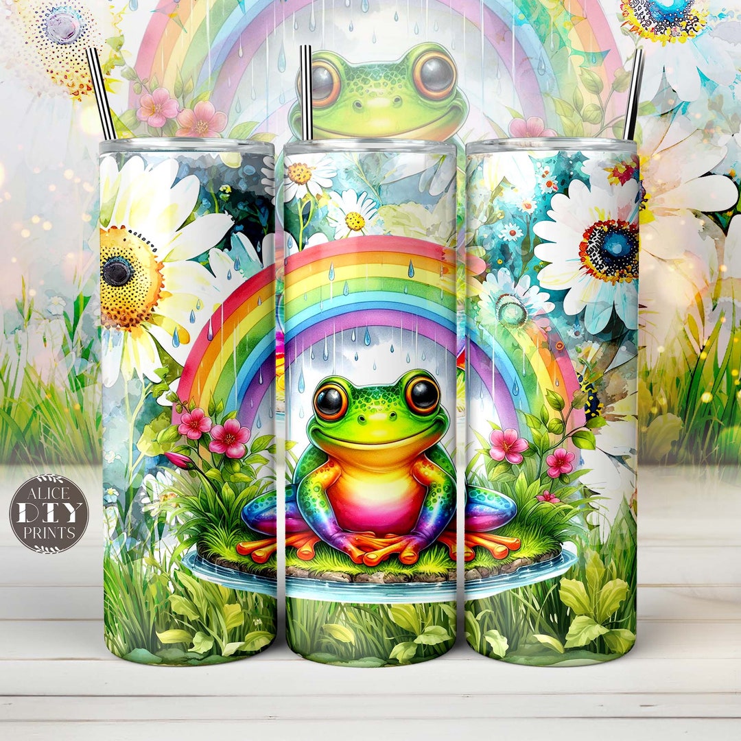 Cute Frog Rainbow Daisy Flowers 20oz Skinny Tumbler Wrap PNG ...