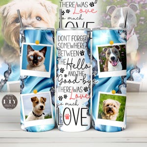 Puede incluir: Un vaso blanco con un diseño de mármol azul y blanco. El vaso tiene una cita sobre el amor y un collage de fotos de gatos y perros. La cita dice "No olvides en algún lugar entre el hola y el adiós hubo amor tanto amor".