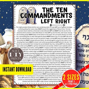 May include: A printable document titled The Ten Commandments Left Right featuring an illustration of Moses holding stone tablets against a starry blue background. The text includes a narrative about the commandments, with the words left and right highlighted.