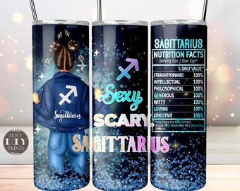 Sagittarius Zodiac Sign Nutrition Facts Glitter 20oz Skinny Tumbler Wrap Horoscope PNG Sublimation Designs Download (Plus 9 FREE Designs)