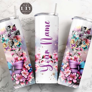 Add Name FAITH Spring Flower Butterfly Personalized 20oz Religious Skinny Tumbler Wrap Add Text PNG Sublimation Designs (9 FREE Designs)