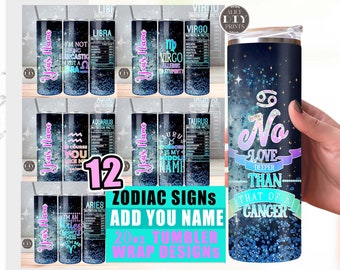 Bundle Add Your Name 12 Zodiac Signs Nutrition Facts Glitter 20oz Skinny Tumbler Wrap Horoscope PNG Sublimation (Plus 9 FREE Designs)