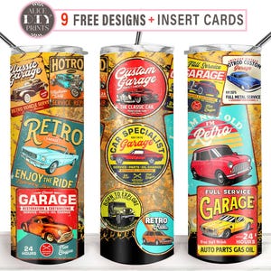 Cartelli per auto d'epoca, 20 once, bicchieri sottili, avvolgenti, auto d'epoca, retrò, da corsa, meccanico automobilistico, PNG, sublimazione, guida, amante delle auto (9 design GRATUITI)