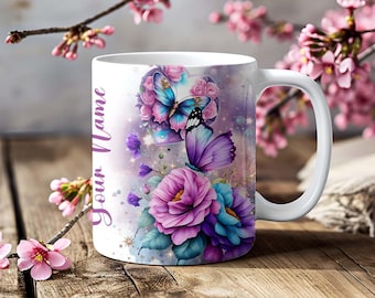Add Name Butterfly Floral Personalized Custom Wrap Add Text Mug Sublimation Template - 11Oz Mug & 15Oz - PNG Wrap Download