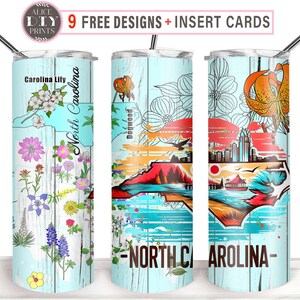 Mapa de viagem dos estados dos EUA de 20 onças da Carolina do Norte, flor, marco americano, copo fino, envoltório, PNG, impressão por sublimação, reto, cônico (9 designs GRÁTIS)