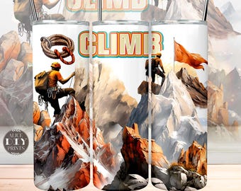 May include: A white stainless steel tumbler with a colorful mountain climbing scene and the word "CLIMB" in a retro font. The scene features a climber scaling a mountain with a red flag at the top.