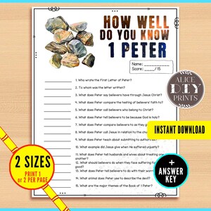 May include: A printable quiz sheet titled How Well Do You Know 1 Peter featuring a watercolor illustration of rocks at the top. The document includes fifteen numbered questions with blank lines for answers, a name and score field, and text overlays.