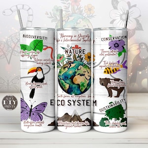 May include: Three stainless steel tumblers with a white background and colorful illustrations. The tumblers feature the words "Biodiversity", "Nature", "Conservation", and "Sustainability". Each tumbler has a different illustration depicting a different aspect of nature, including a toucan, a butterfly, a mountain, a bear, a fish, and a tree.