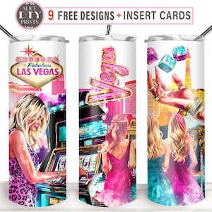Voyage Party Girl Las Vegas, Nevada Casino, 20 oz, jeux de jetons et cartes de poker, emballage de gobelet fin, motifs PNG à sublimation (9 modèles GRATUITS)