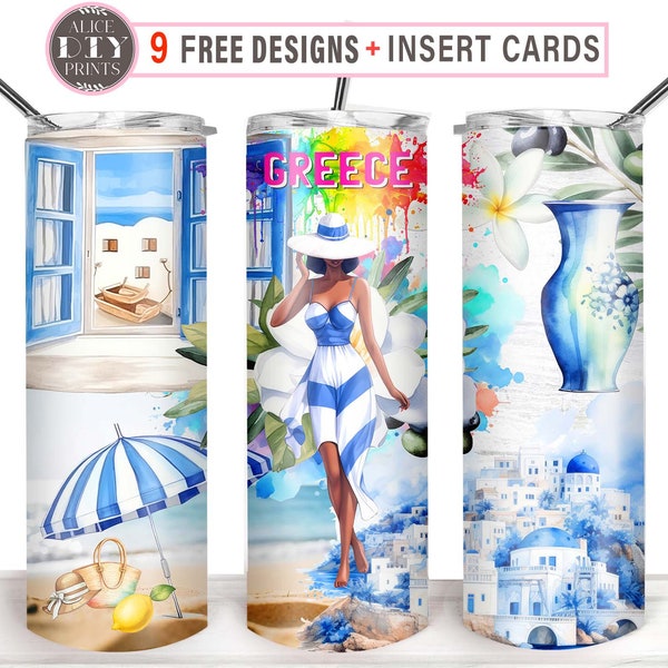 Greece Summer Vacation Girl Trip Life Inspiration Journey Glitter 20oz Skinny Tumbler Wrap PNG Sublimation Designs (Plus 9 FREE Designs)