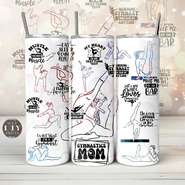 Gymnastics Hustle MOM Life 20oz Tumbler Sport Game, Gymnast Skinny Tumbler Wrap PNG Sublimation Designs Download (Plus 9 FREE Designs)