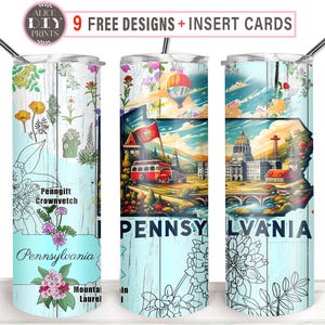 Pensilvânia 20oz EUA Mapa de viagem de estado Flor American Landmark Skinny Tumbler Wrap PNG Sublimação Impressões retas cônicas (9 designs GRÁTIS)