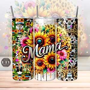 Western Mama Sunflower Leopard 20oz Skinny Tumbler Wrap Mother Life PNG Leopard Prints Sublimation Download (9 FREE Designs)