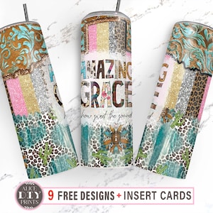 Amazing Grace Leopard Glitter Tooled Leather Print 20oz Skinny Tumbler Wrap PNG Sublimation Designs Download (Plus 9 FREE Designs)