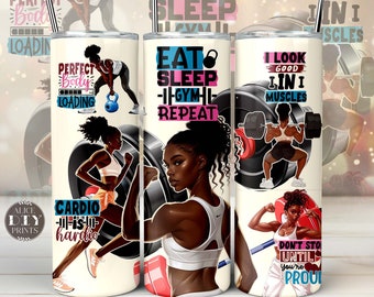 Chica negra entrenando, repite, gimnasio, vida, fitness, deporte, juego, chica, ejercicio, vaso delgado de 20 oz, diseños PNG de sublimación (más 9 diseños GRATIS)