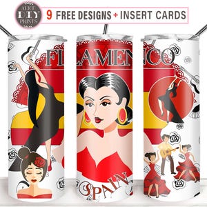 Vaso delgado de 20 oz con texto en inglés "Flamenco Dance Life", diseño de sublimación de bailarina de danza española, cultura española, descarga (9 diseños GRATIS)