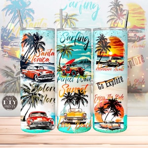 Carro clássico verão praia 20oz magro tumbler wrap carro velho retro férias mecânico automotivo PNG sublimação carro de condução (9 designs GRÁTIS)