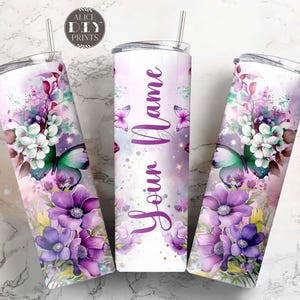 Add Name Purple Flower Butterfly Personalized 20oz Skinny Tumbler Wrap Add Text PNG Sublimation Designs Download (9 FREE Designs)