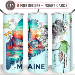 May include: Three stainless steel tumblers with a blue and white design featuring a map of Maine with the text "Maine" and a pine cone with the text "White Pine Cone and Tassel".