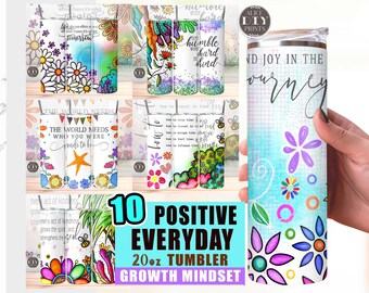 Bundle Be POSITIVE Everyday 20oz Inspiration Quotes Skinny Tumbler Wrap Motivation Affirmations PNG Sublimation Design (Plus 9 FREE Designs)