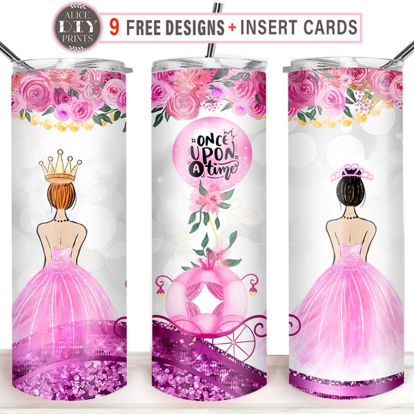 Once Upon A Time PRINCESS Pink Flower Glitter Fairy Tales 20oz Skinny Tumbler Wrap PNG Sublimation Designs Download (Plus 9 FREE Designs)