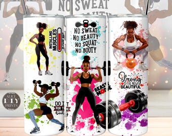 Envoltura de vaso delgado para entrenamiento de chica negra sin sudor y sin trasero de 20 oz para gimnasio, vida, fitness, deporte, juego de ejercicios, PNG (9 diseños GRATIS)