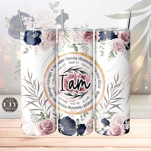 I am STRONG Flowers Blush Christian Bible Verse Religious 20oz Skinny Tumbler Wrap PNG Sublimation Design Download (Plus 9 FREE Designs)