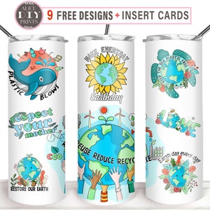 Envoltura para vaso delgado de 20 oz con el lema &quot;Amo el Día de la Tierra&quot;. Reduce la contaminación, recicla el medio ambiente, ecología verde, diseños PNG de sublimación (más 9 diseños GRATIS).