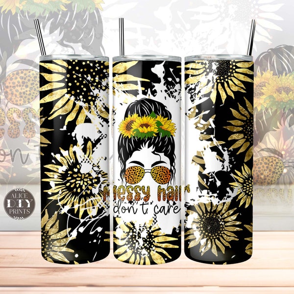 Messy Hair Don't Care Messy Bun Mom Gold Sunflower 20oz Skinny Tumbler Wrap PNG Sublimation Designs Download (Plus 9 FREE Designs)