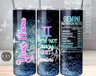 Add Your Name Gemini Zodiac Sign Nutrition Facts Glitter 20oz Skinny Tumbler Wrap Horoscope PNG Sublimation Designs (Plus 9 FREE Designs)