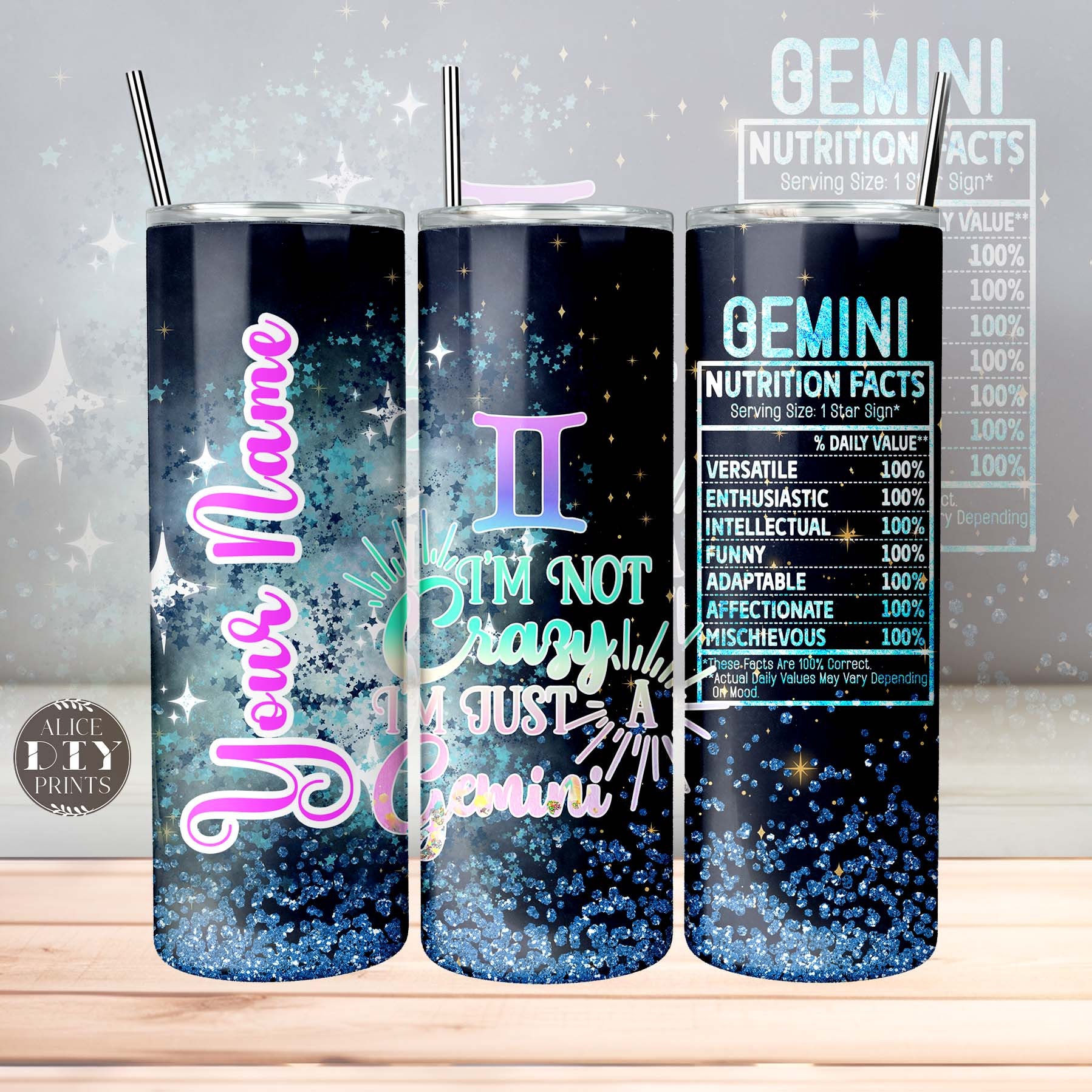 Add Your Name Gemini Zodiac Sign Nutrition Facts Glitter 20oz