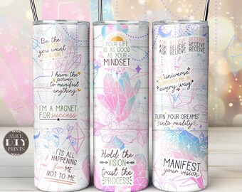 Cristal Iridescente Celestial Manifest Mindset 20oz Skinny Tumbler Wrap Inspiração PNG Sublimação Design Download (Mais 9 Designs GRÁTIS)